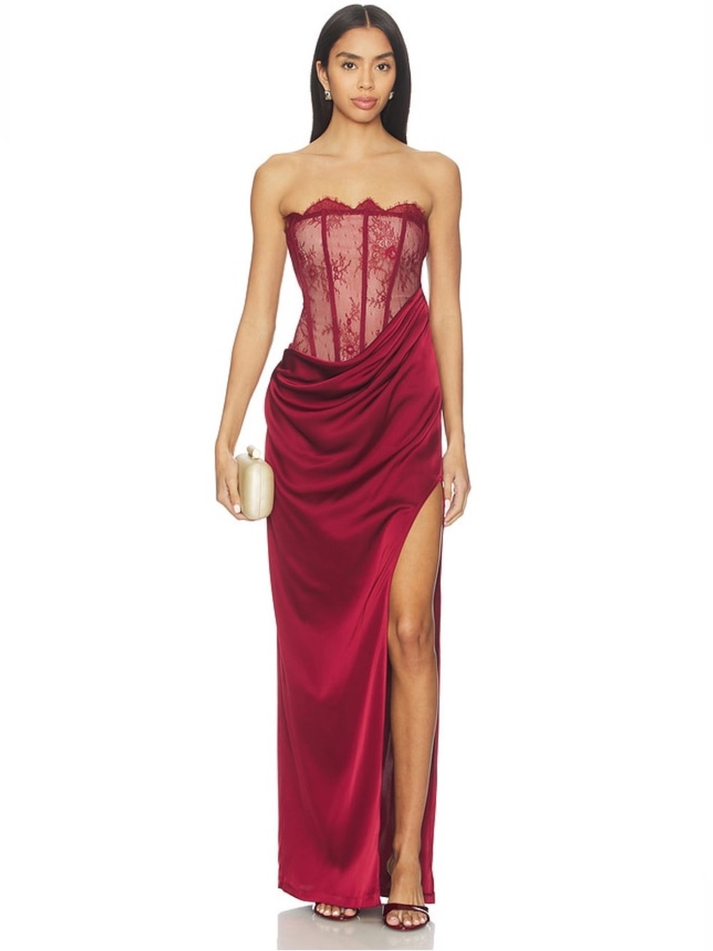 NBD Nalani Maxi Dress Oxblood red Strapless corset gown Revolve M